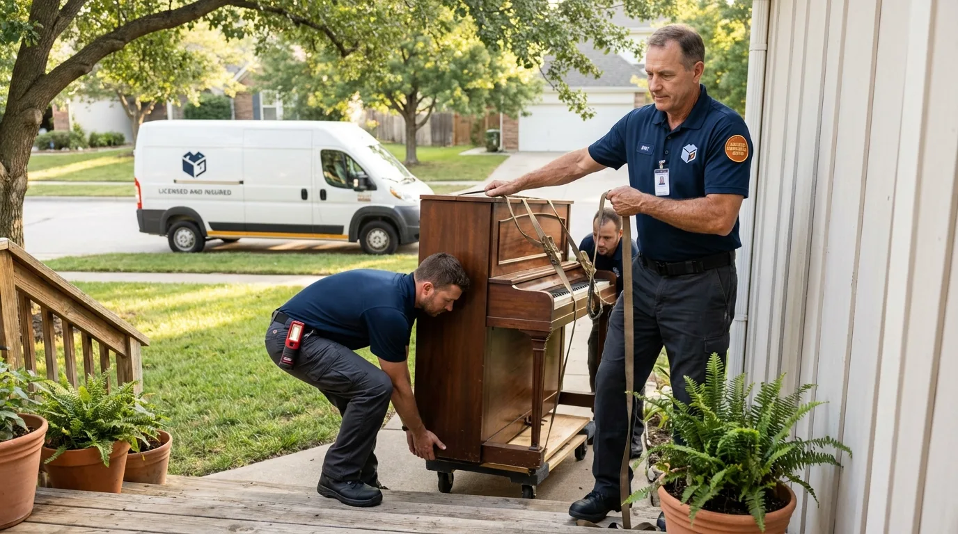Licensed piano movers securing grand piano in Grant City, MO