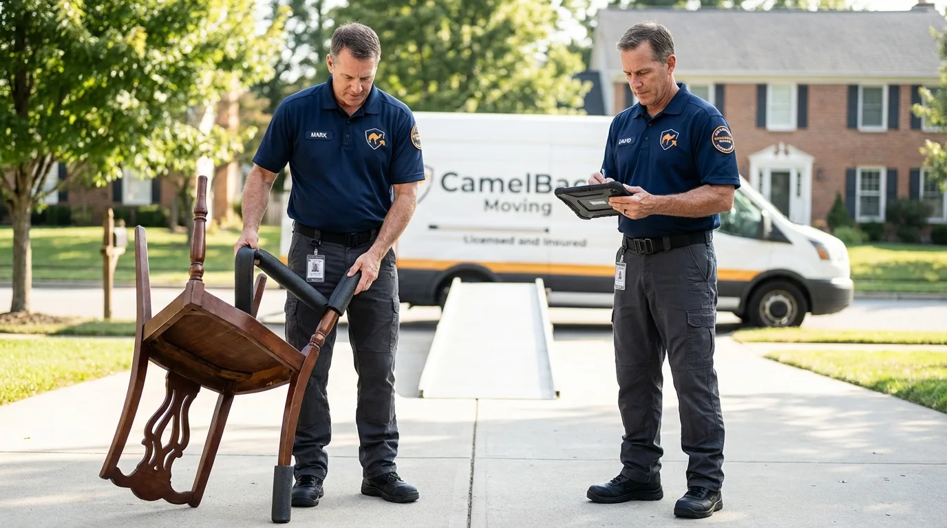 Movers inspecting furniture for damage prevention before loading in Grant City, MO