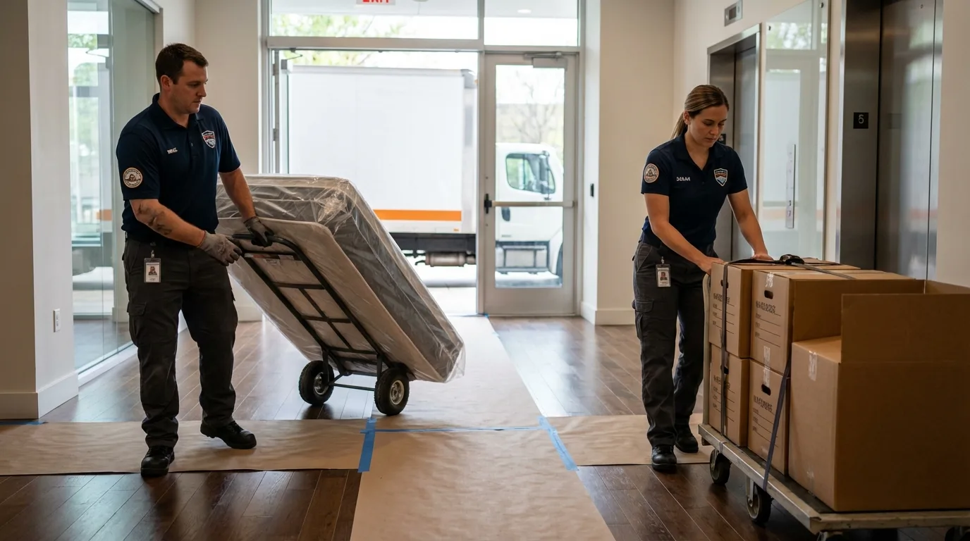 Professional apartment movers loading elevator in Grant City, MO