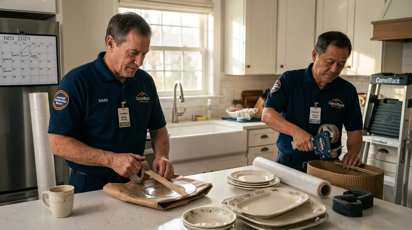 Professional crew packing kitchen dishware in Grant City, MO